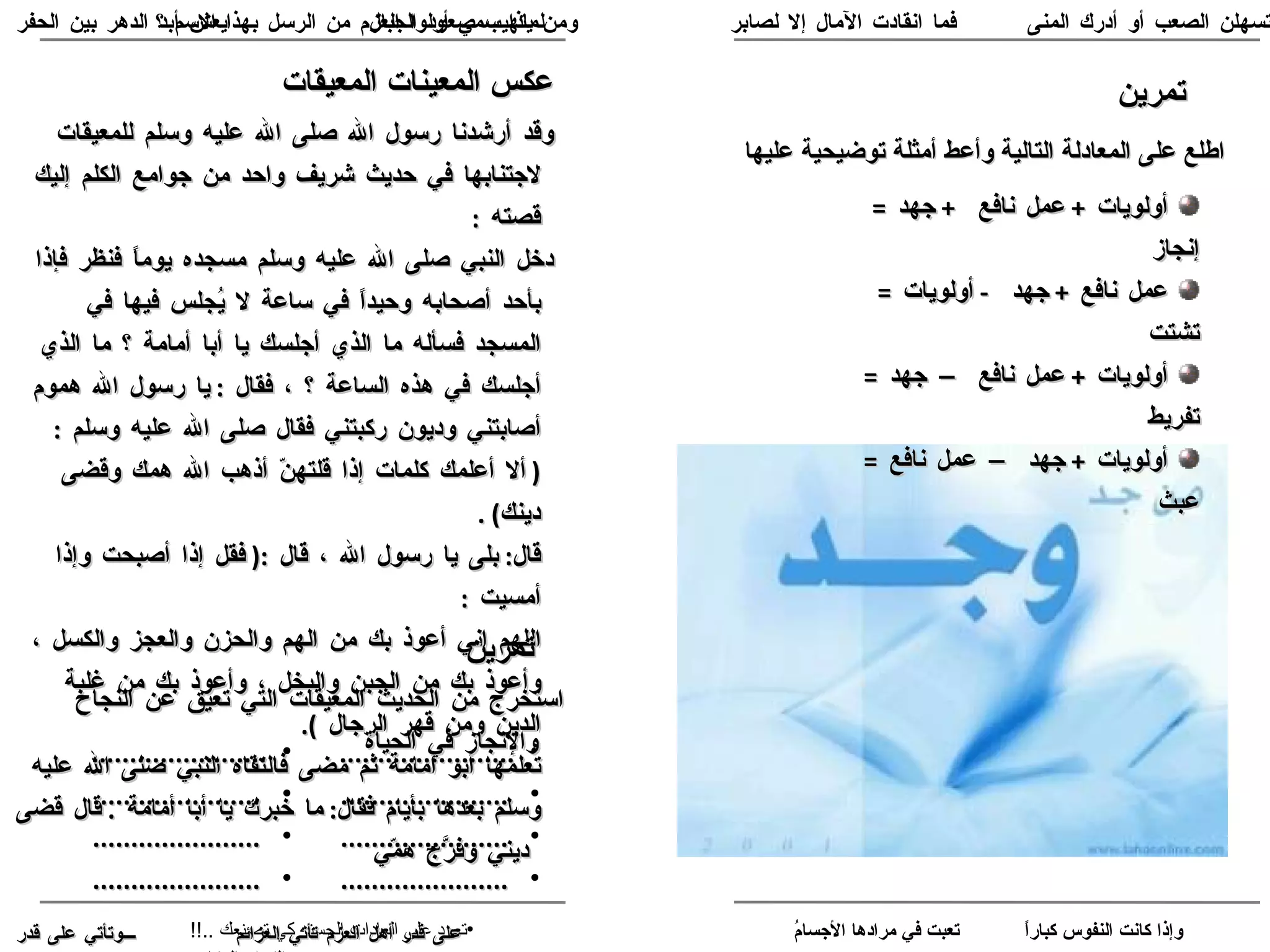 لماذا سمي أولوا العزم من الرسل بهذا الاسم ؟ أولويات  +  عمل نافع  +  جهد  =  إنجاز عمل نافع  +  جهد  -  أولويات  =  تشتت أولويات  +  عمل نافع – جهد  =  تفريط أولويات  +  جهد – عمل نافع  =  عبث  اطلع على المعادلة التالية وأعط أمثلة توضيحية عليها تمرين وإذا كانت النفوس كباراً  تعبت في مرادها الأجسامُ لأستسهلن الصعب أو أدرك المنى  فما انقادت الآمال إلا لصابر تعود على العادات الحسنه  كي  تصنعك   ..!!   وقد أرشدنا رسول الله صلى الله عليه وسلم للمعيقات لاجتنابها في حديث شريف واحد من جوامع الكلم إليك قصته  : دخل النبي صلى الله عليه وسلم مسجده يوماً فنظر فإذا بأحد أصحابه وحيداً في ساعة لا يُجلس فيها في المسجد فسأله ما الذي أجلسك يا أبا أمامة ؟ ما الذي أجلسك في هذه الساعة ؟ ، فقال  :  يا رسول الله هموم أصابتني وديون ركبتني فقال صلى الله عليه وسلم  : (  ألا أعلمك كلمات إذا قلتهنّ أذهب الله همك وقضى دينك ) . قال :  بلى يا رسول الله ، قال  :(  فقل إذا أصبحت وإذا أمسيت  :  اللهم إني أعوذ بك من الهم والحزن والعجز والكسل ، وأعوذ بك من الجبن والبخل ، وأعوذ بك من غلبة الدين ومن قهر الرجال  ). تعلمها أبو أمامة ثم مضى فالتقاه النبي صلى الله عليه وسلم بعدها بأيام فقال :  ما خبرك يا أبا أمامة  .  قال قضى ديني وفرَّج همّي ....................... ...................... ...................... ...................... استخرج من الحديث المعيقات التي تعيق عن النجاح والإنجاز في  الحياة ....................... ...................... ...................... ...................... عكس المعينات المعيقات تمرين على قدر أهل العزم تأتي العزائم   وتأتي على قدر الكرام المكارم ومن يتهيب صعود الجبال  يعش أبد الدهر بين الحفر 