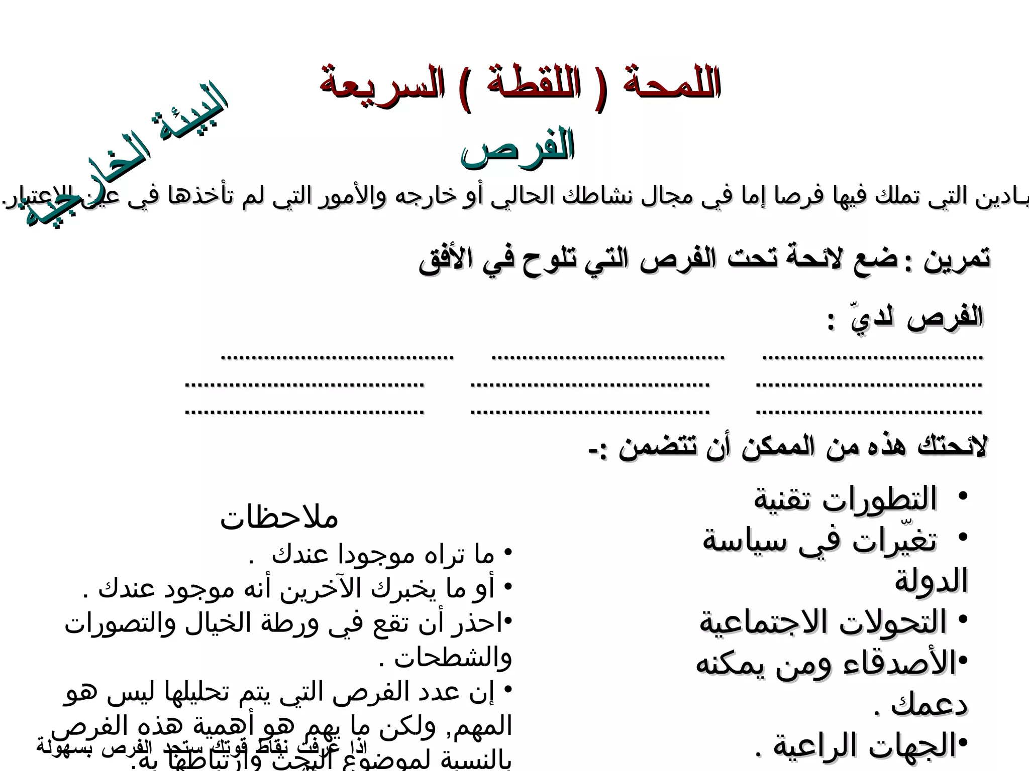 اللمحة  (  اللقطة  )  السريعة   الفرص التطورات تقنية  تغيّرات في سياسة الدولة  التحولات الاجتماعية  الأصدقاء ومن يمكنه دعمك  . الجهات الراعية  . المشاريع الجديدة  . نقاط الضعف لدى المنافسين . اذا عرفت نقاط قوتك ستجد الفرص بسهولة من حولك  لائحتك هذه من الممكن أن تتضمن  :- الفرص  لديّ   : ....................................  ......................................  ...................................... ....................................  ......................................  ...................................... ....................................  ......................................  ...................................... تمرين  :   ضع لائحة تحت  الفرص التي تلوح في الأفق  ملاحظات  ما تراه موجودا عندك  . أو ما يخبرك الآخرين أنه موجود عندك  . احذر أن تقع في ورطة  الخيال والتصورات والشطحات  . إن عدد الفرص التي يتم تحليلها ليس هو المهم ,  ولكن ما يهم هو أهمية هذه الفرص بالنسبة لموضوع البحث وارتباطها به . الميـادين التي تملك فيها فرصا إما في مجال نشاطك الحالي أو خارجه والأمور التي لم تأخذها في عين الاعتبار . البيئة الخارجية 