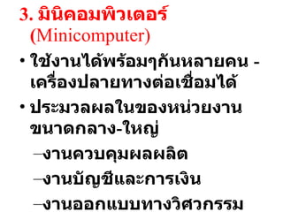 3.  มินิคอมพิวเตอร์  ( Mini computer) ใช้งานได้พร้อมๆกันหลายคน  - เครื่องปลายทางต่อเชื่อมได้ ประมวลผลในของหน่วยงานขนาดกลาง - ใหญ่ งานควบคุมผลผลิต งานบัญชีและการเงิน งานออกแบบทางวิศวกรรม 