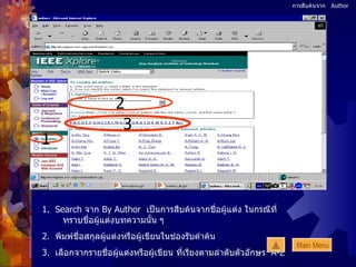 การสืบค้นจาก  Author 1 1.  Search  จาก  By Author  เป็นการสืบค้นจากชื่อผู้แต่ง ในกรณีที่ทราบชื่อผู้แต่งบทความนั้น ๆ  2.  พิมพ์ชื่อสกุลผู้แต่งหรือผู้เขียนในช่องรับคำค้น 3.  เลือกจากรายชื่อผู้แต่งหรือผู้เขียน ที่เรียงตามลำดับตัวอักษร  A-Z 2 3 Main Menu 