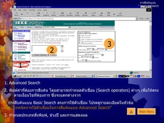 การสืบค้นแบบ  Advanced Search 1 2 3 1. Advanced Search 2.  พิมพ์คำที่ต้องการสืบค้น โดยสามารถกำหนดตัวเชื่อม  (Search operators)  ต่างๆ เพื่อให้ตรงตามเงื่อนไขที่ต้องการ ซึ่งจะแตกต่างจาก การสืบค้นแบบ  Basic Search  ตรงการใช้ตัวเชื่อม โปรดดูรายละเอียดในหัวข้อ  “ เทคนิคการใช้ตัวเชื่อมในการสืบค้นแบบ  Advanced Search” 3.  กำหนดประเภทสิ่งพิมพ์ ,  ช่วงปี และการแสดงผล Main Menu 