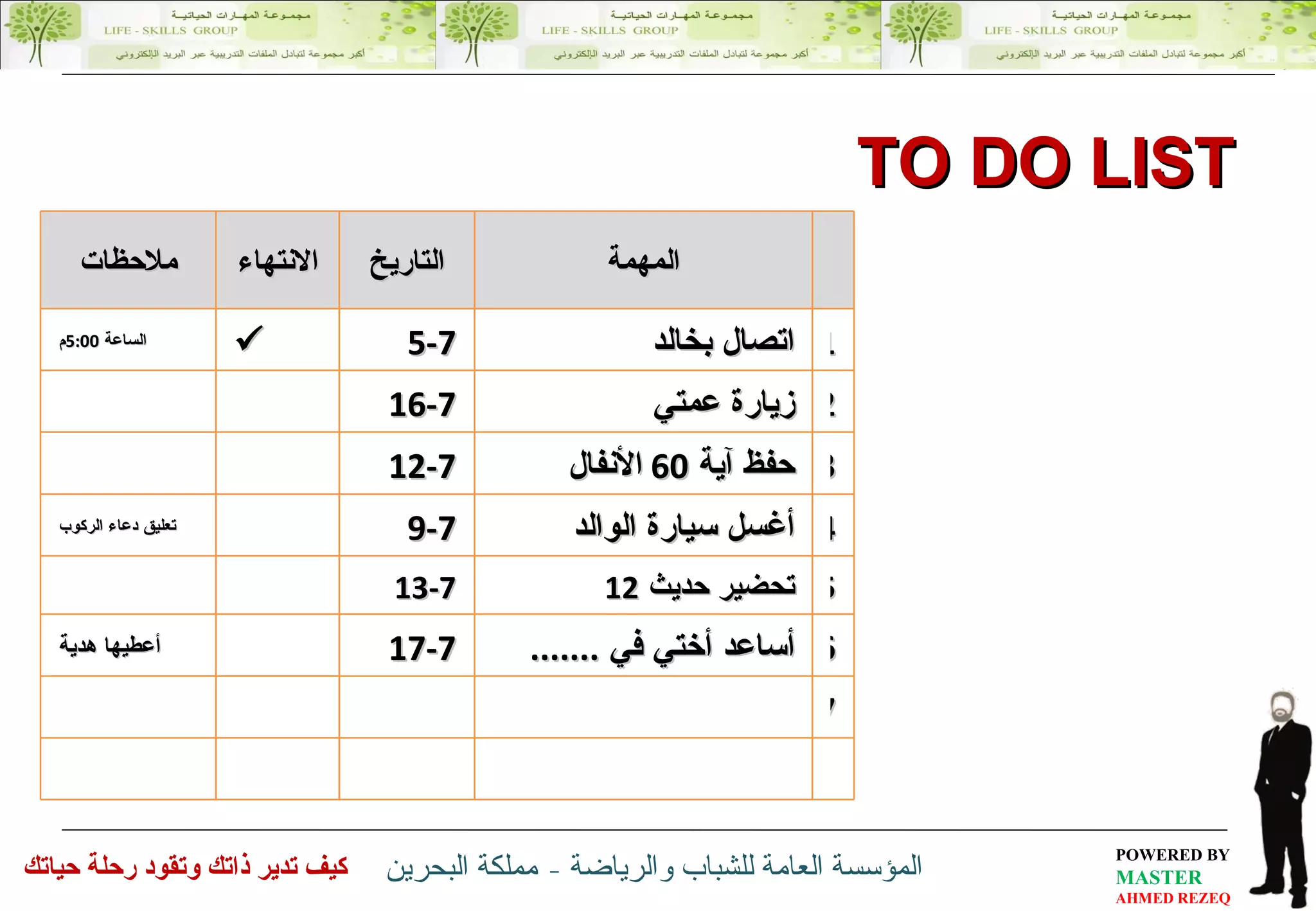 TO DO LIST  المهمة التاريخ الانتهاء ملاحظات 1 اتصال بخالد 5-7  الساعة  5:00 م 2 زيارة عمتي 16-7 3 حفظ آية  60  الأنفال 12-7 4 أغسل سيارة الوالد 9-7 تعليق دعاء الركوب 5 تحضير حديث  12 13-7 6 أساعد أختي في  ....... 17-7 أعطيها هدية 7 