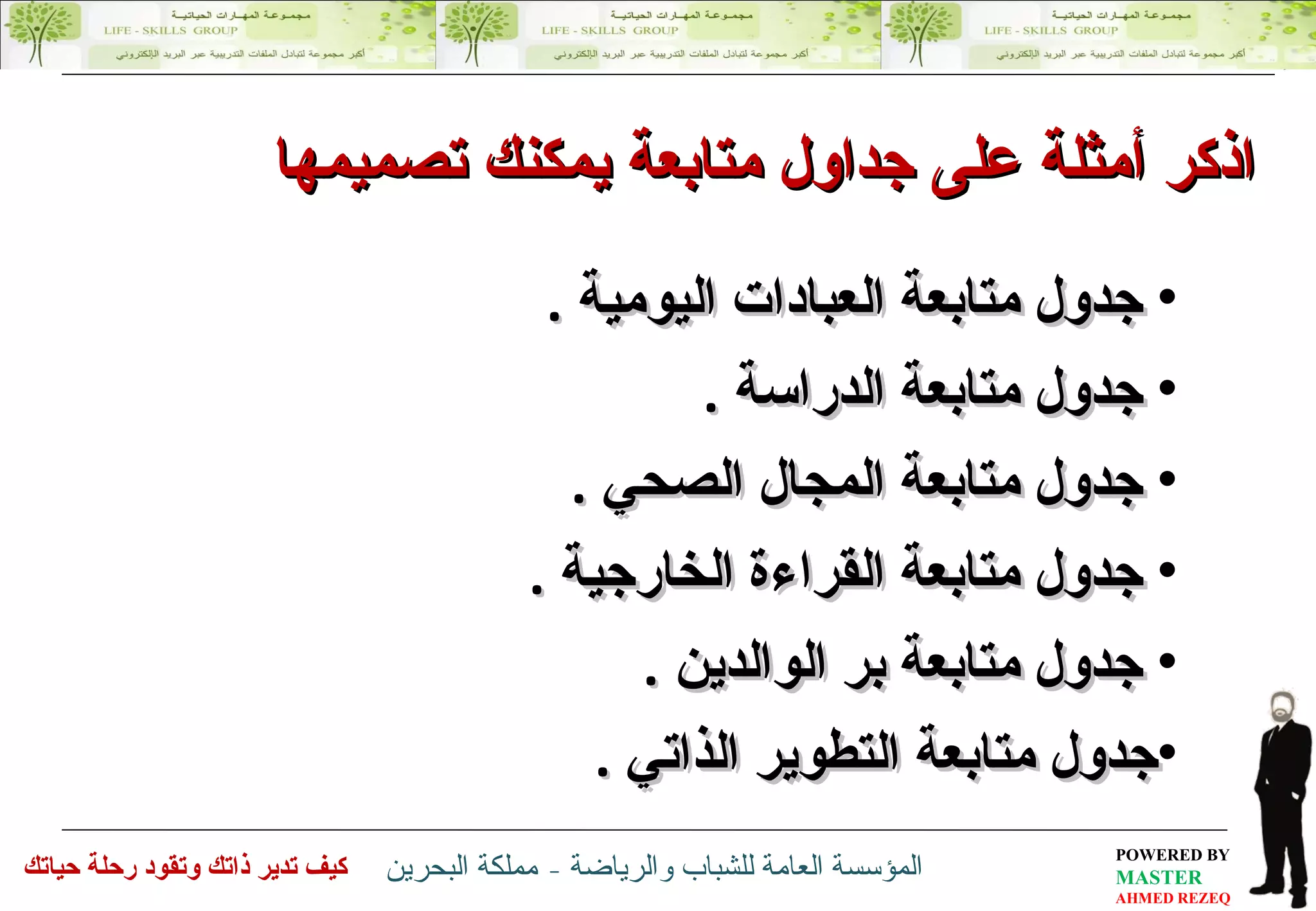 جدول متابعة العبادات اليومية  . جدول متابعة الدراسة  . جدول متابعة المجال الصحي  . جدول متابعة القراءة الخارجية  .  جدول متابعة بر الوالدين  . جدول متابعة التطوير الذاتي  . اذكر أمثلة على جداول متابعة يمكنك تصميمها 