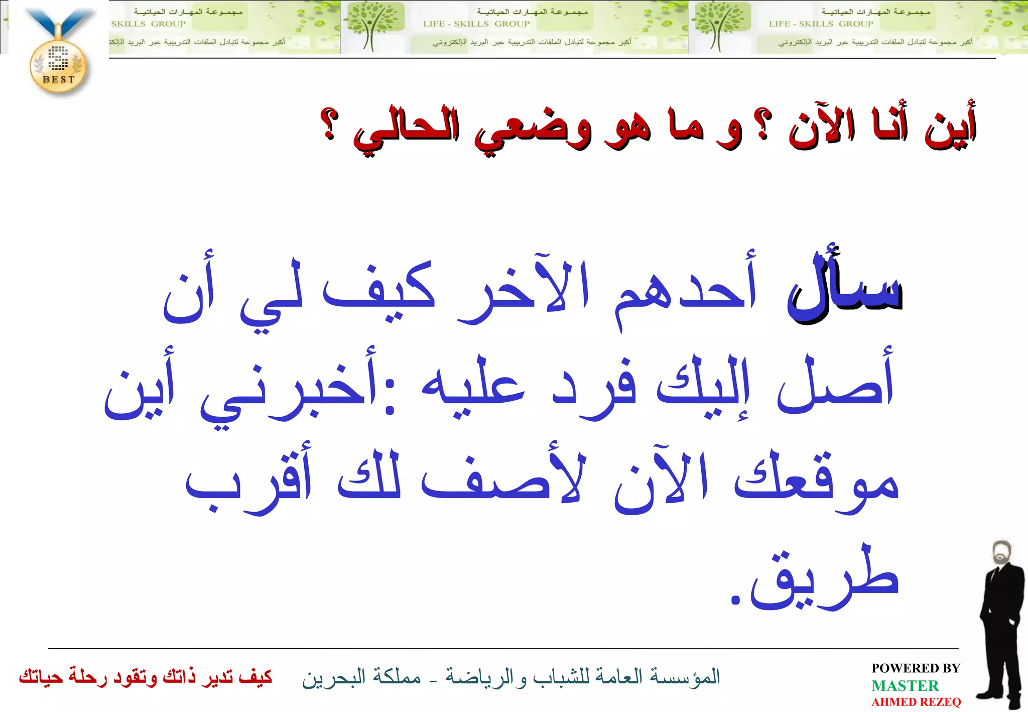 سأل  أحدهم الآخر كيف لي أن أصل إليك فرد عليه  : أخبرني أين موقعك الآن لأصف لك أقرب طريق . أين أنا الآن ؟ و ما هو وضعي الحالي ؟ 