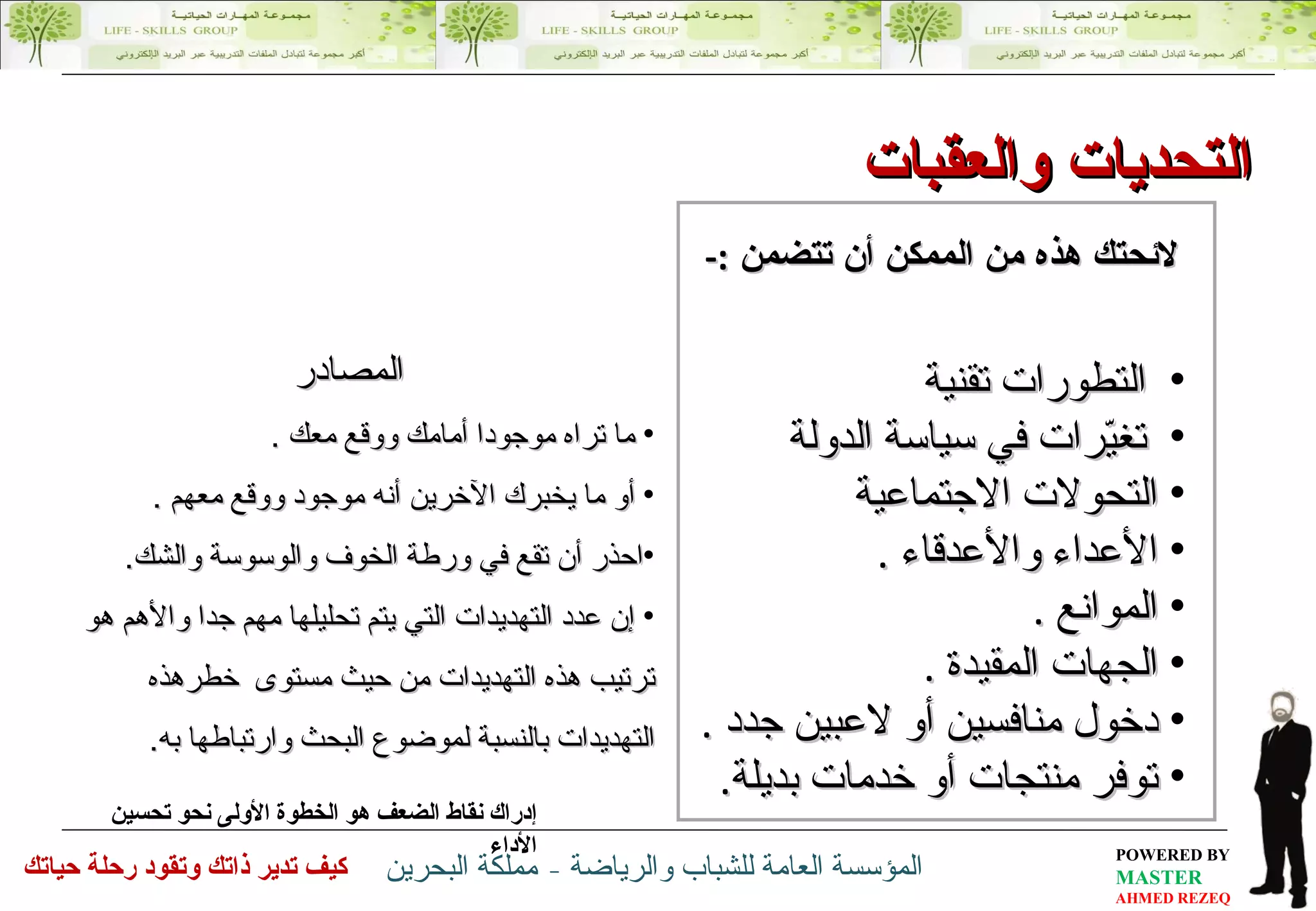التحديات والعقبات إدراك نقاط الضعف هو الخطوة الأولى نحو تحسين الأداء لائحتك هذه من الممكن أن تتضمن  :- المصادر ما تراه موجودا أمامك ووقع معك  . أو ما يخبرك الآخرين أنه موجود ووقع معهم  . احذر أن تقع في ورطة  الخوف والوسوسة والشك . إن عدد التهديدات التي يتم تحليلها مهم جدا والأهم هو ترتيب هذه التهديدات من حيث مستوى  خطرهذه التهديدات بالنسبة لموضوع البحث وارتباطها به . التطورات تقنية  تغيّرات في سياسة الدولة  التحولات الاجتماعية  الأعداء والأعدقاء  . الموانع  . الجهات المقيدة  . دخول منافسين أو لاعبين جدد  . توفر منتجات أو خدمات بديلة . 