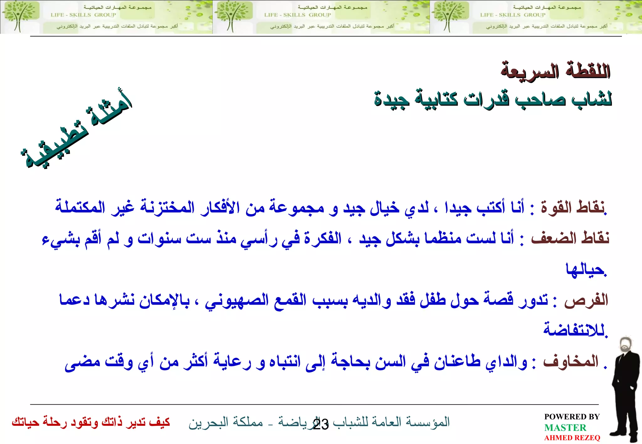 اللقطة السريعة لشاب صاحب قدرات كتابية جيدة نقاط القوة  :  أنا أكتب جيدا ، لدي خيال جيد و مجموعة من الأفكار المختزنة غير المكتملة . نقاط الضعف  :  أنا لست منظما بشكل جيد ، الفكرة في رأسي منذ ست سنوات و لم أقم بشيء حيالها . الفرص   :  تدور قصة حول طفل فقد والديه بسبب القمع الصهيوني ، بالإمكان نشرها دعما للانتفاضة  . المخاوف   :  والداي طاعنان في السن بحاجة إلى انتباه و رعاية أكثر من أي وقت مضى .  أمثلة تطبيقية 