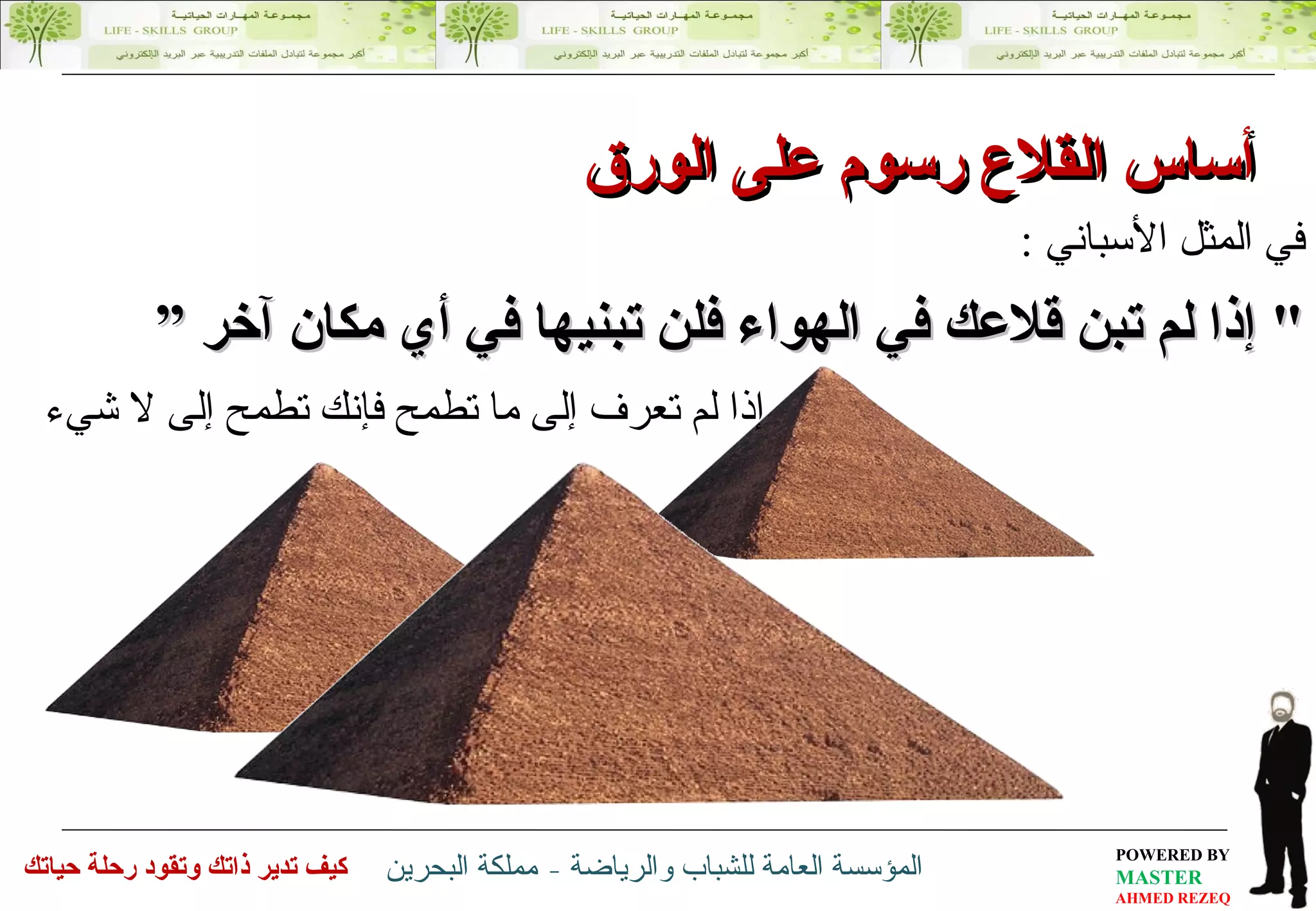 في المثل الأسباني  : "  إذا لم تبن قلاعك في الهواء فلن تبنيها في أي مكان آخر ” إذا لم تعرف إلى  ما  تطمح فإنك تطمح إلى لا شيء أساس القلاع رسوم على الورق 