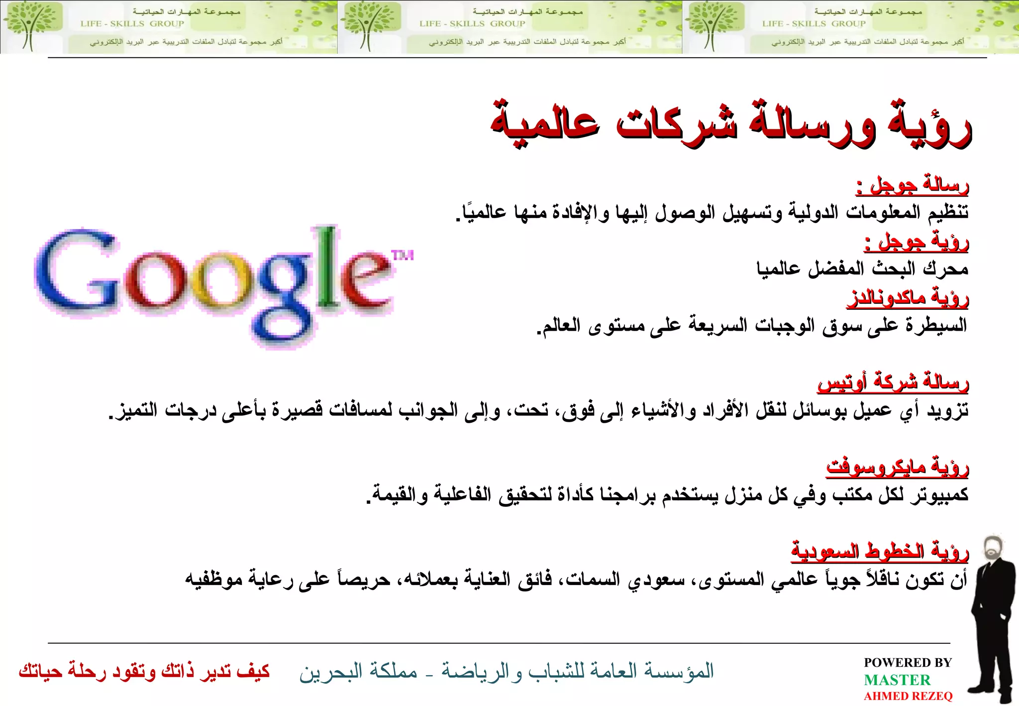 رؤية ورسالة شركات عالمية رسالة جوجل  : تنظيم المعلومات الدولية وتسهيل الوصول إليها والإفادة منها عالميًا . رؤية جوجل  : محرك البحث المفضل عالميا رؤية ماكدونالدز السيطرة على سوق الوجبات السريعة على مستوى العالم . رسالة  شركة أوتيس تزويد أي عميل بوسائل لنقل الأفراد والأشياء إلى فوق، تحت، وإلى الجوانب لمسافات قصيرة   بأعلى درجات التميز . رؤية مايكروسوفت كمبيوتر لكل مكتب وفي كل منزل يستخدم برامجنا كأداة لتحقيق الفاعلية والقيمة . رؤية الخطوط السعودية أن تكون ناقلاً جوياً عالمي المستوى، سعودي السمات، فائق العناية بعملائه، حريصاً على رعاية موظفيه 