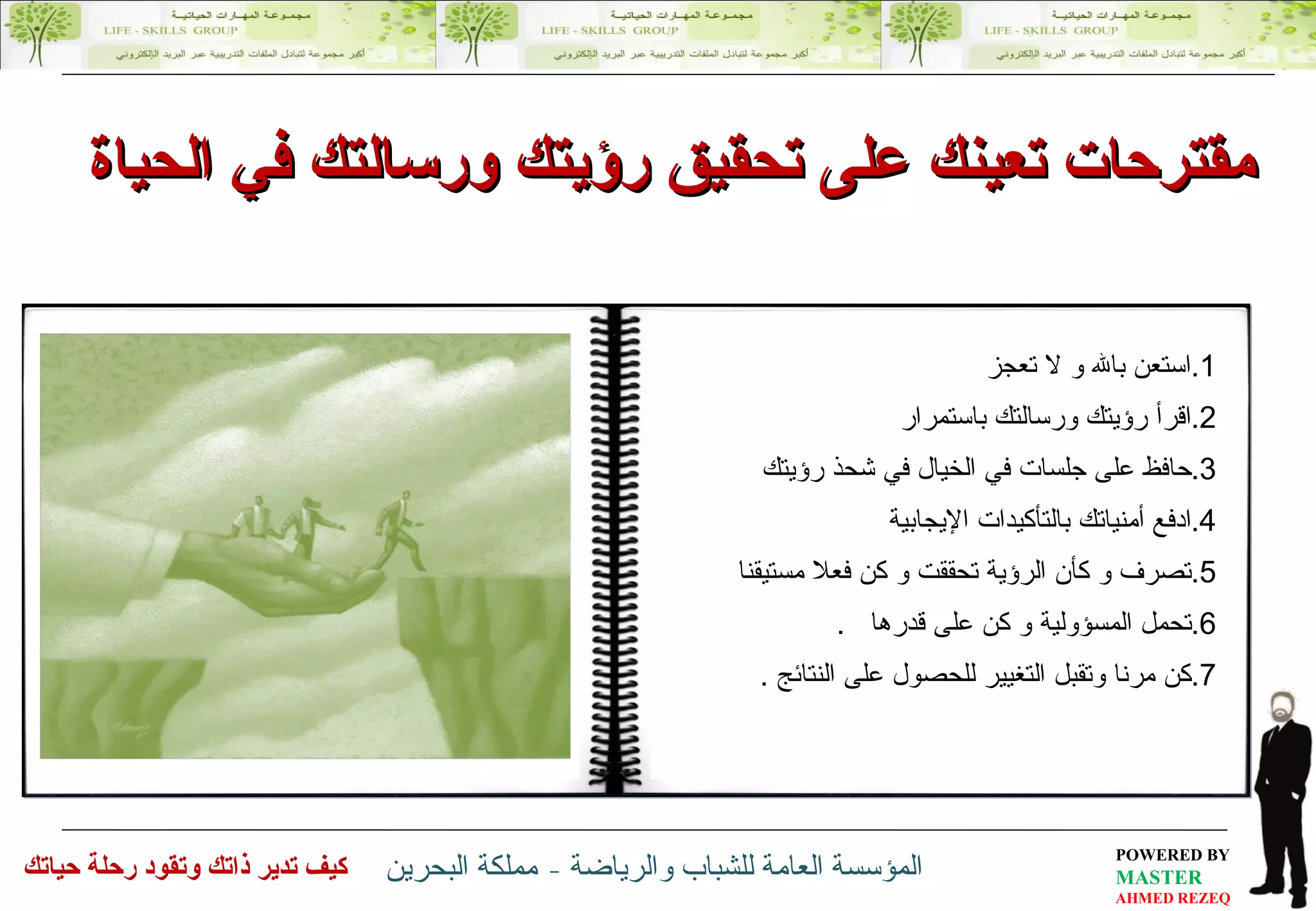 استعن بالله و لا تعجز اقرأ  رؤيتك ورسالتك باستمرار حافظ على جلسات في الخيال في  شحذ رؤيتك ادفع أمنياتك  بالتأكيدات الإيجابية تصرف و كأن  الرؤية  تحقق ت  و كن فعلا مستيقنا  تحمل المسؤولية و كن على قدر ها  . كن مرنا و تقبل التغيير للحصول على النتائج  . مقترحات تعينك على تحقيق رؤيتك ورسالتك   في الحياة 