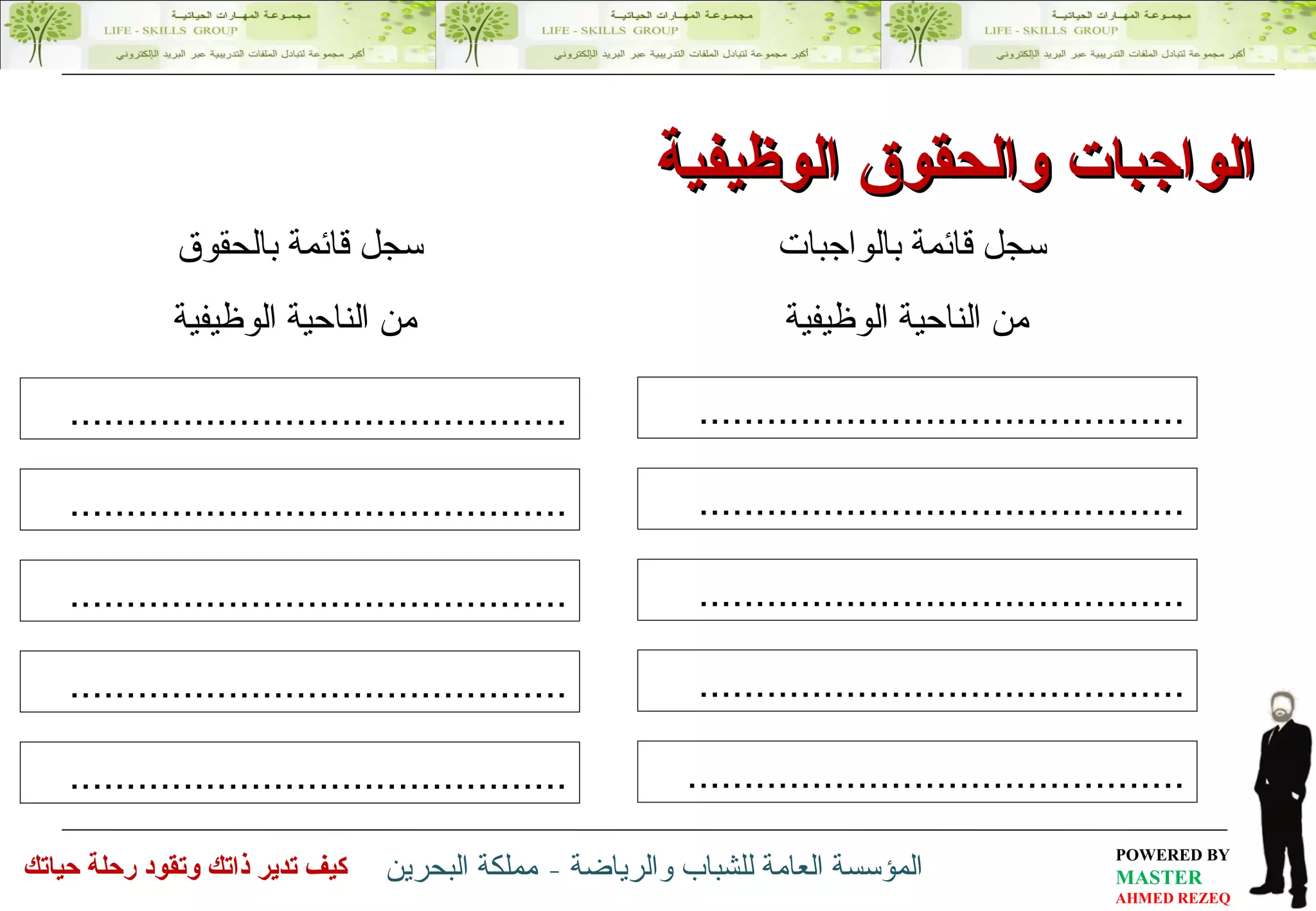 سجل قائمة بالواجبات  من الناحية الوظيفية ........................................... ........................................... ........................................... ........................................... ............................................ سجل قائمة بالحقوق  من الناحية الوظيفية ............................................ ............................................ ............................................ ............................................ ............................................ الواجبات والحقوق الوظيفية 