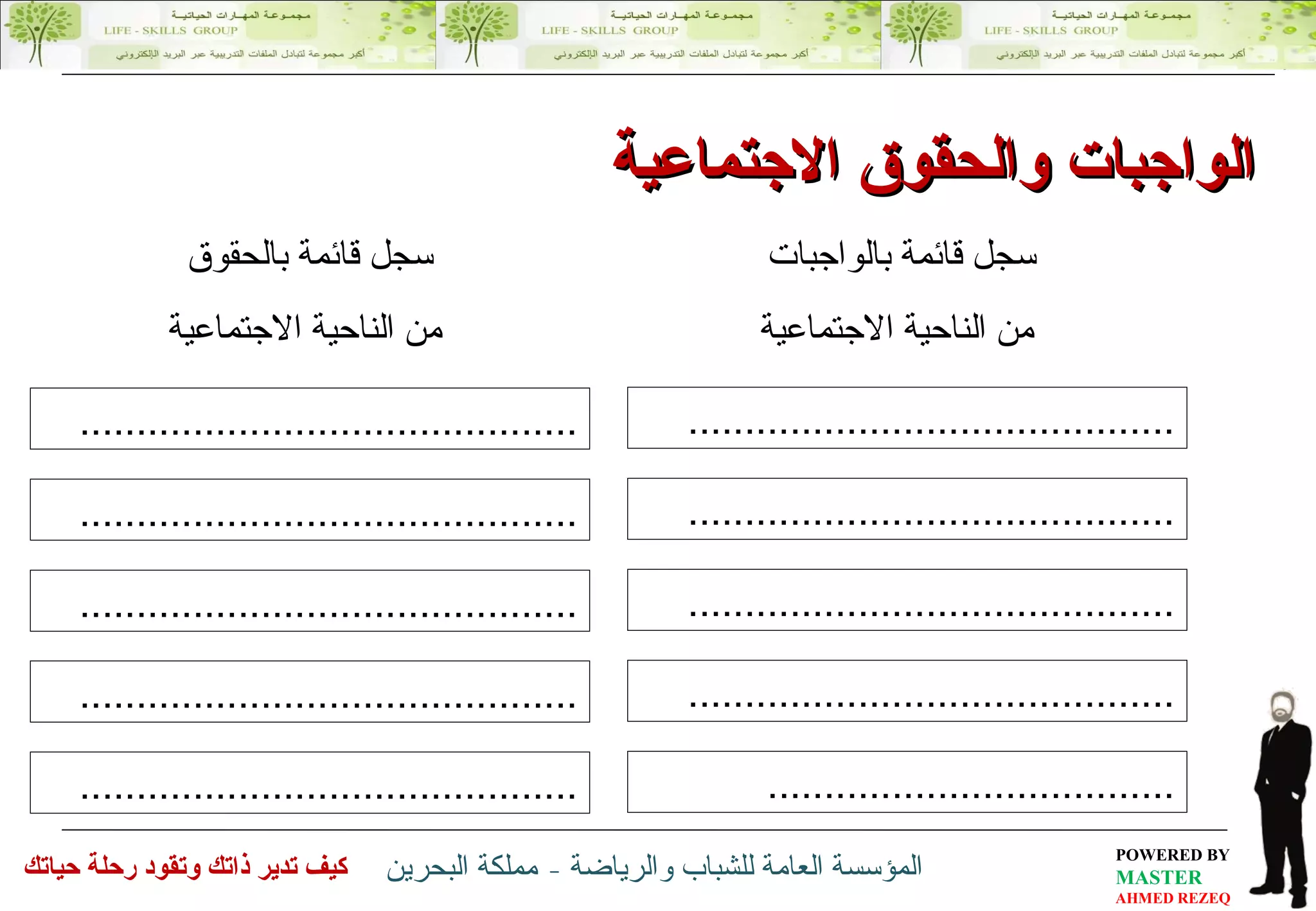 سجل قائمة بالواجبات  من الناحية الاجتماعية ........................................... ........................................... ........................................... ........................................... .................................... سجل قائمة بالحقوق  من الناحية الاجتماعية ............................................ ............................................ ............................................ ............................................ ............................................ الواجبات والحقوق الاجتماعية 