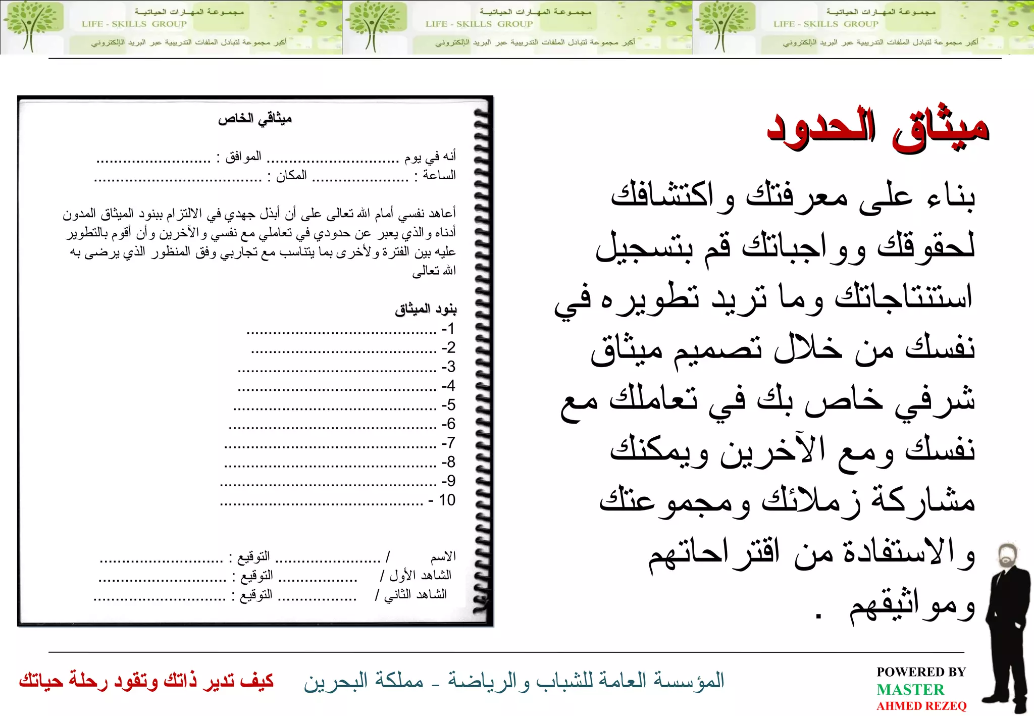 بناء على معرفتك واكتشافك لحقوقك وواجباتك قم بتسجيل استنتاجاتك وما تريد تطويره في نفسك من خلال تصميم ميثاق شرفي خاص بك في تعاملك مع نفسك ومع الآخرين ويمكنك مشاركة زملائك ومجموعتك والاستفادة من اقتراحاتهم ومواثيقهم  .  ميثاقي الخاص أنه في يوم  ..............................  الموافق  : ..........................  الساعة  : ......................  المكان  : ...................................... أعاهد نفسي أمام الله تعالى على أن أبذل جهدي في الالتزام ببنود الميثاق المدون أدناه والذي يعبر عن حدودي في تعاملي مع نفسي والآخرين وأن أقوم بالتطوير عليه بين الفترة ولأخرى بما يتناسب مع تجاربي وفق المنظور الذي يرضى به الله تعالى بنود الميثاق 1- ........................................... 2- .......................................... 3- ............................................. 4- ............................................. 5- .............................................. 6- ............................................... 7- ................................................ 8- ................................................ 9- ................................................. 10 - .............................................. الاسم  / ........................  التوقيع  : ............................  الشاهد الأول  /  ..................  التوقيع  : .............................  الشاهد الثاني  /  ..................  التوقيع  : ..............................  ميثاق الحدود 
