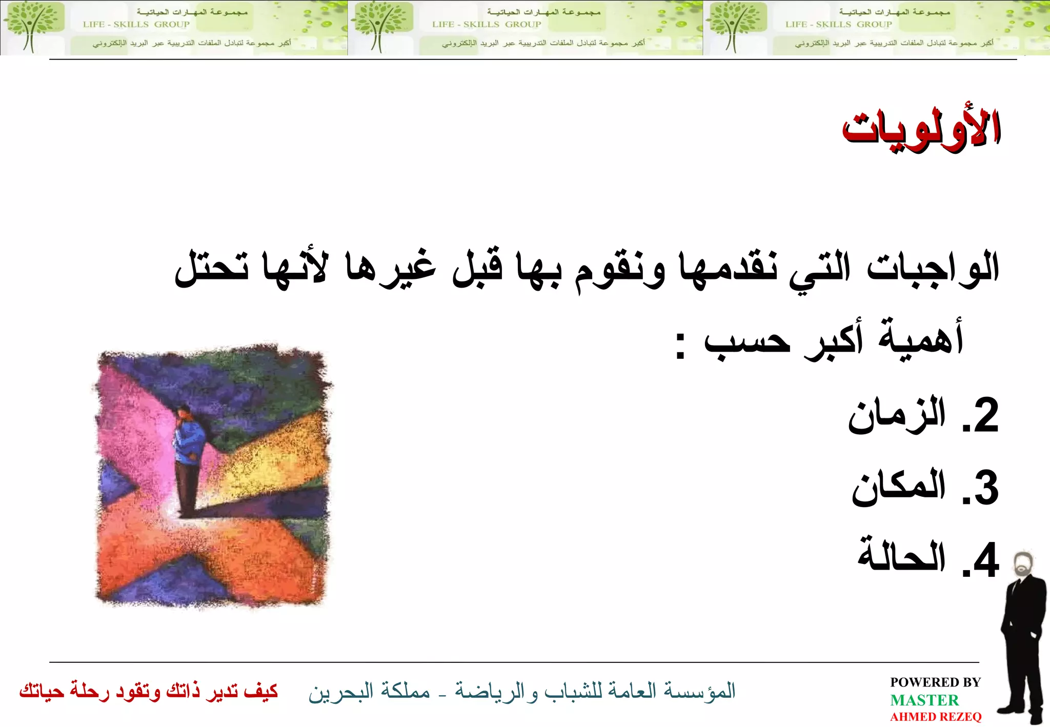 الواجبات التي نقدمها ونقوم بها قبل غيرها لأنها تحتل أهمية أكبر حسب  : الزمان  المكان  الحالة  الأولويات 