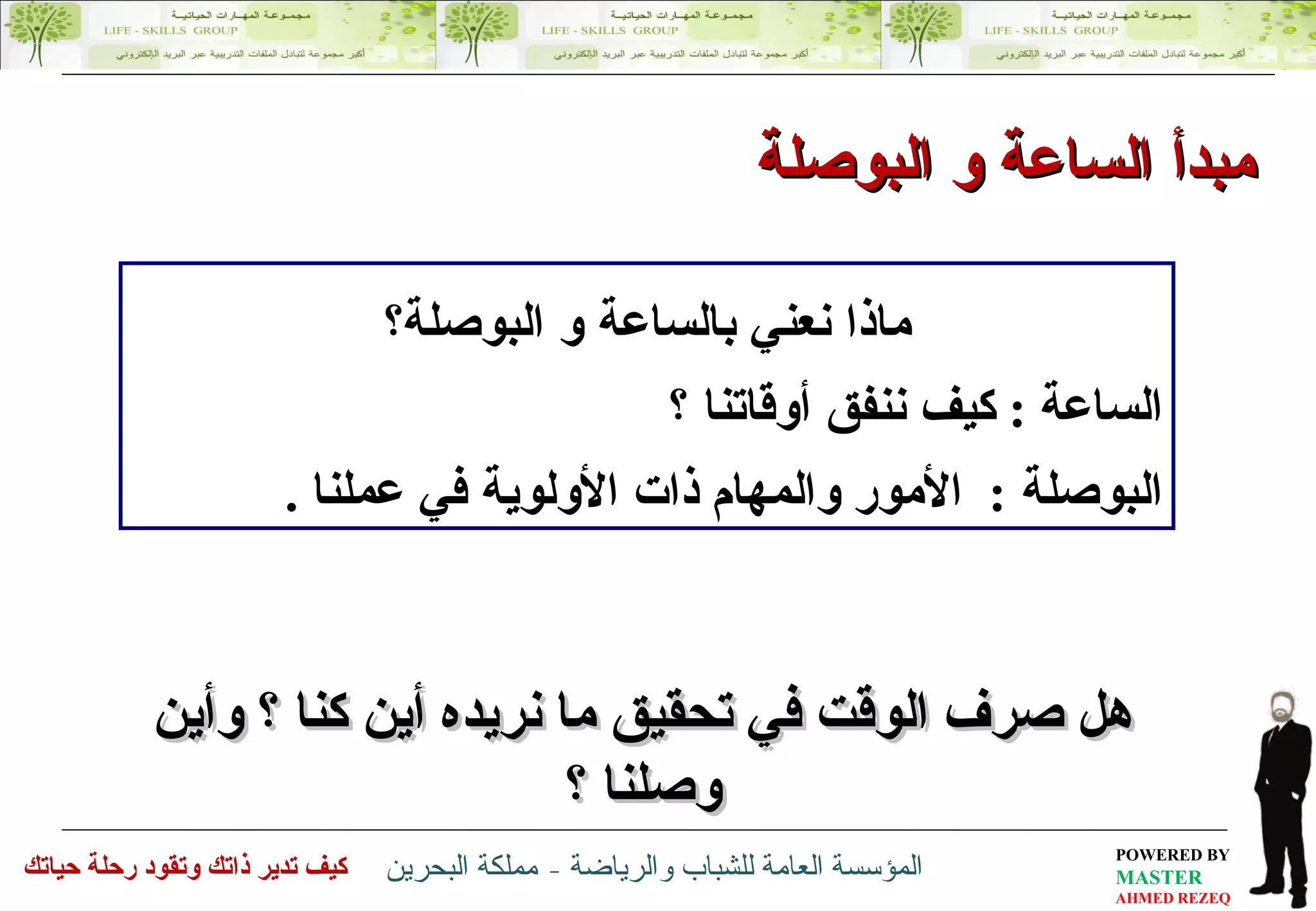 ماذا نعني بالساعة و البوصلة؟ الساعة   :   كيف ننفق أوقاتنا ؟ البوصلة  :  الأمور والمهام ذا ت الأولوية في  عملنا  . هل صرف الوقت في تحقيق ما نريده أين كنا ؟ وأين وصلنا ؟ مبدأ الساعة و البوصلة 