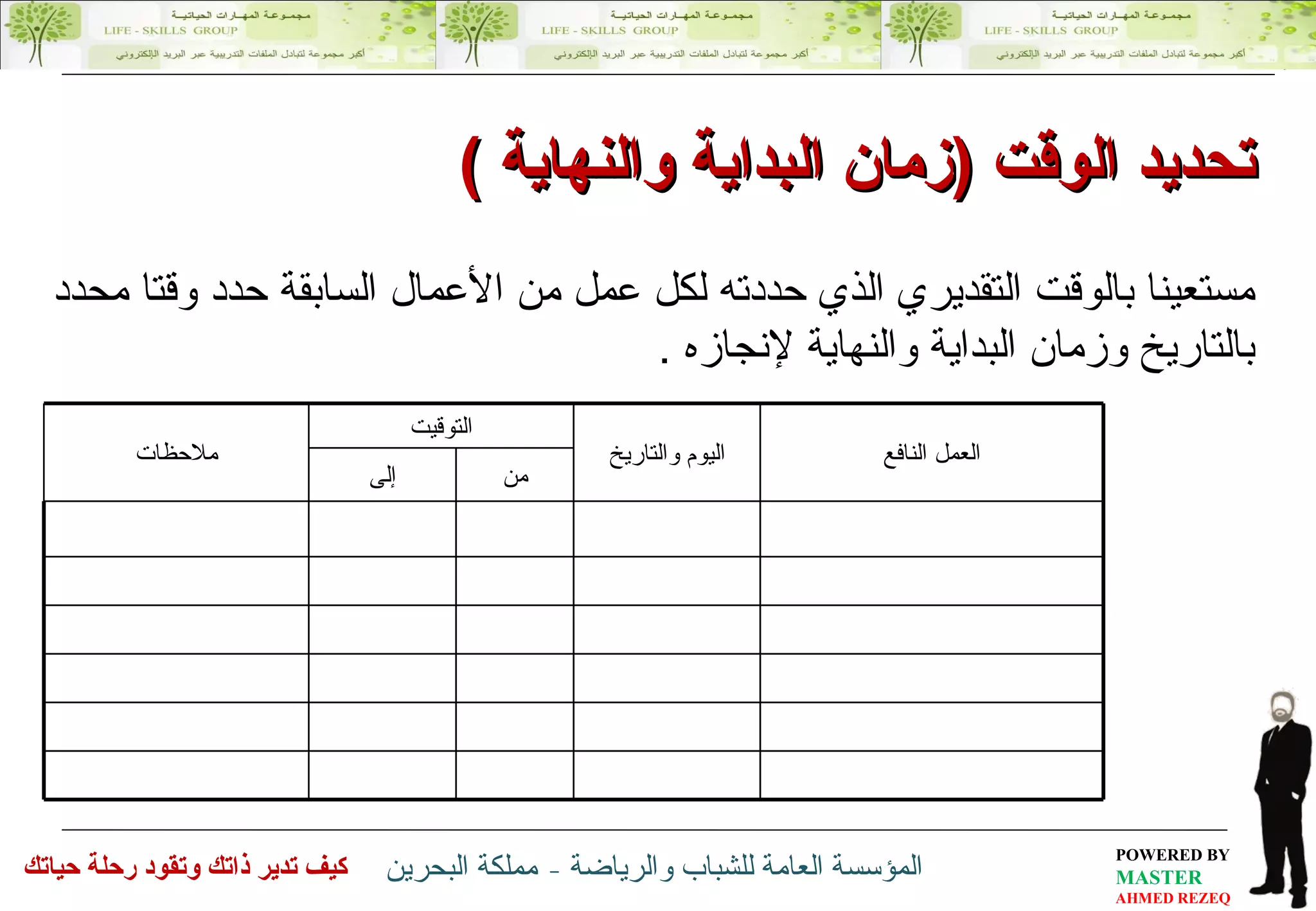 مستعينا بالوقت التقديري الذي حددته لكل عمل من الأعمال السابقة حدد وقتا محدد بالتاريخ و ز مان البداية والنهاية لإنجازه  . تحديد الوقت  ( زمان البداية والنهاية  ) ملاحظات التوقيت اليوم والتاريخ العمل النافع إلى من 