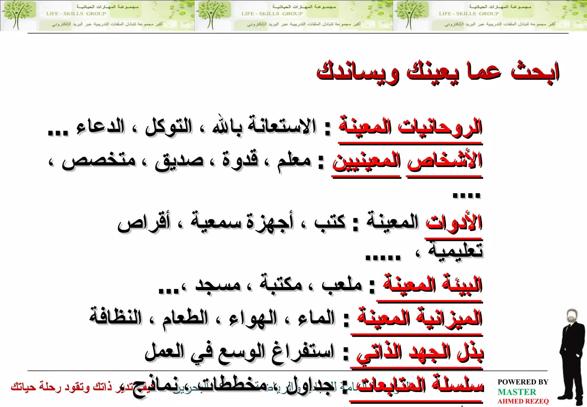 الروحانيات المعينة   :  الاستعانة بالله ، التوكل ، الدعاء  ...  الأشخاص   المعينيين   :  معلم ، قدوة ، صديق ، متخصص ،  .... الأدوات  المعينة  :  كتب ، أجهزة سمعية ، أقراص تعليمية ،  ..... البيئة المعينة  :  ملعب ، مكتبة ، مسجد ، ...  الميزانية المعينة  :  الماء ، الهواء ، الطعام ، النظافة بذل الجهد الذاتي  :  استفراغ الوسع في العمل سلسلة المتابعات  :  جداول ، مخططات ، نماذج ، برامج ،  ... ابحث عما يعينك ويساندك 
