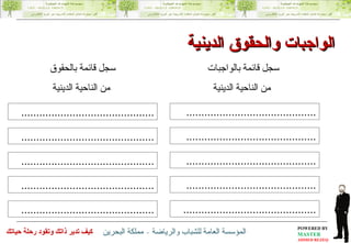 سجل قائمة بالواجبات  من الناحية الدينية ........................................... ........................................... ........................................... ........................................... ............................................ سجل قائمة بالحقوق  من الناحية الدينية ............................................ ............................................ ............................................ ............................................ ............................................ الواجبات والحقوق الدينية 