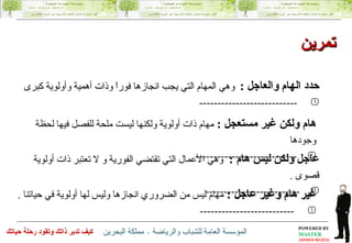 عاجل ولكن ليس هام   :  وهي الأعمال التي تقتضي الفورية و لا تعتبر ذات أولوية قصوى  . --------------------------   حدد الهام والعاجل  :   وهي المهام التي يجب انجازها فوراً وذات أهمية وأولوية كبرى ---------------------------   هام ولكن غير مستعجل   :  مهام ذات أولوية ولكنها ليست ملحة للفصل فيها لحظة وجودها  ----------------------------   غير هام وغير عاجل   :  مهام ليس من الضروري انجازها وليس لها أولوية في حياتنا  . --------------------------   تمرين  