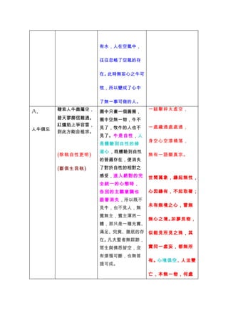 有水，人在空氣中，


                  往往忽略了空氣的存


                  在。此時無妄心之牛可


                  牧，所以變成了心中


                  了無一事可做的人。
       鞭索人牛盡屬空，                一鎚擊碎太虛空，
八、                圖中只畫一個圓圈，
       碧天寥廓信難通。   圈中空無一物，牛不
       紅爐焰上爭容雪，                一處纔通處處通，
人牛俱忘              見了，牧牛的人也不
       到此方能合祖宗。
                  見了。牛是自性，人
                               身空心空漆桶落，
                  是體驗到自性的修
                  道心，既體驗到自性
       (除執自性更明)                無有一語顯真宗。
                  的普遍存在，便消失
       (斷俱生我執)    了對於自性的相對之
                  感受，進入絕對的完    世間萬象，緣起無性，
                  全統一的心態時，
                  各別的主觀意識也     心因緣有，不起取著；
                  跟著消失，所以既不
                               未有無境之心，曾無
                  見牛，也不見人，無
                  賓無主，賓主渾然一
                               無心之境。如夢見物，
                  體，那只是一種充實、
                  滿足、究竟、徹底的存 似能見所見之殊，其
                  在。凡夫聖者無踪跡，
                  眾生與佛悉皆空，沒    實同一虛妄，都無所

                  有煩惱可斷，也無菩
                               有。心境俱空、人法雙
                  提可成。

                               亡，本無一物，何處
 