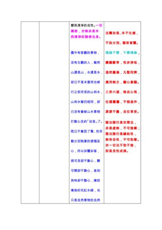 變其清淨的自性。一切
萬物，亦無非是本
             法爾如是、本不生滅，
然清淨的諸佛法身。
             不起分別、猶若盲聾。


圖中有客觀的景物，    隨緣不變，不變隨緣，


沒有主觀的人，雖然    體離斷常，性非淨垢，


山還是山，水還是水， 湛然圓滿，凡聖同齊，


卻已不是未曾用功修    應用無方，離心意識。


行之前所見的山和水， 三界六道，唯自心現，


山和水雖仍相同，卻    任運瀟灑，不假造作，


已沒有會被山水景物    源源不盡，自在享受。


打動心念的「自我」了。 諸法諸行是世間法，

             非是虛無，不可捨棄；
既已不會因了聲、色而
             諸法諸行是緣起性，

動分別執著的煩惱妄    無有自性，不可取著。
             於一切法不取不捨，
心，所以如聾如盲，    即是見性成佛。


視可見卻不動心，聽


可聞卻不動心，食知


其味卻不動心，庵前


庵後的花紅水綠，也


只是自然景物的自然
 