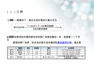 （ 1 ）计费 1.     一般情况下，每次点击价格的计算公式为： 2.     如果您的关键词排在所有推广结果的最后一名，或是唯一一个可以 展现的推广结果，则点击价格为该关键词的 最低展现价格 。请注意： 质量度越高，该关键词的最低展现价格越低。 