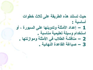 حيث تستند هذه الطريقة على ثلاث خطوات أساسية   :  1 –  إعداد الأمثلة وتدوينها على السبورة ، أو استخدام وسيلة تعليمية مناسبة   . 2 –  مناقشة الطلاب في الأمثلة وموازنتها   .  3 –  صياغة القاعدة النهائية   . 