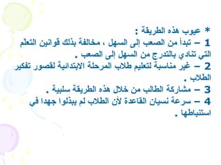 *  عيوب هذه الطريقة   :  1 –  تبدأ من الصعب إلى السهل ، مخالفة بذلك قوانين التعلّم التي تنادي بالتدرج من السهل إلى الصعب   .  2 –  غير مناسبة لتعليم طلاب المرحلة الابتدائية لقصور تفكير الطلاب   .  3 –  مشاركة الطالب من خلال هذه الطريقة سلبية   .  4 –  سرعة نسيان القاعدة لأن الطلاب لم يبذلوا جهدا في استنباطها   .   