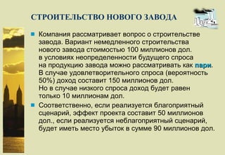 СТРОИТЕЛЬСТВО НОВОГО ЗАВОДА Компания рассматривает вопрос о строительстве завода. Вариант немедленного строительства нового завода стоимостью 100 миллионов дол. в условиях неопределенности будущего спроса на продукцию завода можно рассматривать как  пари . В случае удовлетворительного спроса (вероятность 50%) доход составит 150 миллионов дол. Но в случае низкого спроса доход будет равен только 10 миллионам дол. Соответственно, если реализуется благоприятный сценарий, эффект проекта составит 50 миллионов дол., если реализуется неблагоприятный сценарий, будет иметь место убыток в сумме 90 миллионов дол. 