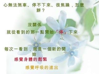 就從看到的那一點開始 「停」 下來  每次一看到，就是一個新的開始  感覺身體的鬆緊   沒關係 心無法煞車、停不下來、很焦躁，怎麼辦？  感覺呼吸的進出  