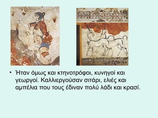 Ήταν όμως και κτηνοτρόφοι, κυνηγοί και γεωργοί. Καλλιεργούσαν σιτάρι, ελιές και αμπέλια που τους έδιναν πολύ λάδι και κρασί.  