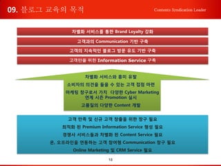 18
Contents Syndication Leader
고객 만족 및 신규 고객 창출을 위한 창구 필요
최적화 된 Premium Information Service 형성 필요
경쟁사 서비스들과 차별화 된 Content Service 필요
온, 오프라인을 연동하는 고객 참여형 Communication 창구 필요
Online Marketing 및 CRM Service 필요
차별화 서비스를 통한 Brand Loyalty 강화
고객과의 Communication 기반 구축
고객의 지속적인 블로그 방문 유도 기반 구축
고객만을 위한 Information Service 구축
차별화 서비스와 흥미 유발
소비자의 의견을 들을 수 있는 고객 접점 마련
마케팅 창구로서 가치 다양한 Cyber Marketing
연계 시즌 Promotion 실시
고품질의 다양한 Content 개발
09. 블로그 교육의 목적
 