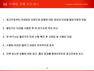 21
Contents Syndication Leader
1. 광고주로부터 의뢰받은 브랜드와 제품에 대한 정보와 미션을 블로거에게 전달
2. 블로거는 미션을 수행한 후 본 연구소에 작성 보고
3. 본 연구소는 블로거의 미션 수행 확인 후 사례금 및 수행비 지급
4. 수행된 미션은 블로그 내에서 지속적으로 존속
5. 이후 입소문 상황에 대한 광고, 홍보 효과를 통계리포트로 광고주에게 보고
12. 마케팅 진행 프로세스
 