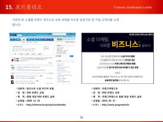 32
Contents Syndication Leader
기존의 본 소셜웹 트렌드 연구소의 교육 과정을 이수한 공공기관 및 기업 고객사를 소개
합니다.
• 의뢰처 : 링크나우 소셜 미디어 포럼
• 강 좌 : SNS 트렌드 교육
• 목 적 : 회원 대상 SNS 트렌드 습득
• 교육일 : 2009. 12. 16
• U R L : http://linknow.kr/group/socialmedia
• 의뢰처 : 프래그머테스트
• 강 좌 : SNS 트렌드 교육
• 목 적 : 프래그머테스트 회원 대상 트렌드 습득
• 교육일 : 2010. 02. 27
• U R L : http://www.pragmatist.kr
15. 포트폴리오
 