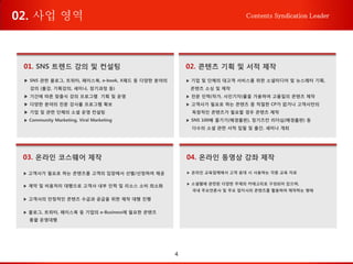 4
Contents Syndication Leader02. 사업 영역
02. 콘텐츠 기획 및 서적 제작
▶ 기업 및 단체의 대고객 서비스를 위한 소셜미디어 및 뉴스레터 기획,
콘텐츠 소싱 및 제작
▶ 전문 인력(작가, 사진기자)풀을 가용하여 고품질의 콘텐츠 제작
▶ 고객사가 필요로 하는 콘텐츠 중 적절한 CP가 없거나 고객사만의
독창적인 콘텐츠가 필요할 경우 콘텐츠 제작
▶ SNS 100배 즐기기(매경출판), 칭기즈칸 리더십(매경춢판) 등
다수의 소셜 관련 서적 집필 및 출간, 세미나 개최
04. 온라인 동영상 강좌 제작
▶ 온라인 교육업체에서 고객 응대 시 사용하는 각종 교육 자료
▶ 소셜웹에 관련된 다양한 주제의 카테고리로 구성되어 있으며,
국내 주요언론사 및 주요 잡지사의 콘텐츠를 활용하여 제작하는 형태
01. SNS 트렌드 강의 및 컨설팅
▶ SNS 관련 블로그, 트위터, 페이스북, e-book, X패드 등 다양한 분야의
강의 (출강, 기획강의, 세미나, 장기과정 등)
▶ 기간에 따른 맞춤식 강의 프로그램 기획 및 운영
▶ 다양한 분야의 전문 강사풀 프로그램 확보
▶ 기업 및 관련 단체의 소셜 운영 컨설팅
▶ Community Marketing, Viral Marketing
03. 온라인 코스웨어 제작
▶ 고객사가 필요로 하는 콘텐츠를 고객의 입장에서 선별/선정하여 제공
▶ 계약 및 비용처리 대행으로 고객사 내부 인력 및 리소스 소비 최소화
▶ 고객사의 안정적인 콘텐츠 수급과 공급을 위한 제작 대행 진행
▶ 블로그, 트위터, 페이스북 등 기업의 e-Business에 필요한 콘텐츠
총괄 운영대행
 