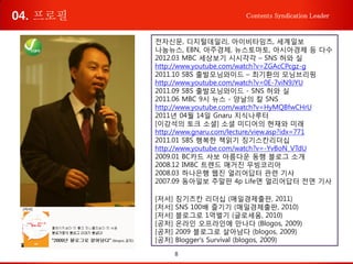 8
Contents Syndication Leader
전자신문, 디지털데일리, 아이비타임즈, 세계일보
나눔뉴스, EBN, 아주경제, 뉴스토마토, 아시아경제 등 다수
2012.03 MBC 세상보기 시시각각 – SNS 허와 실
http://www.youtube.com/watch?v=ZGAcCPcgz-g
2011.10 SBS 출발모닝와이드 – 최기환의 모닝브리핑
http://www.youtube.com/watch?v=0E-7viN9JYU
2011.09 SBS 출발모닝와이드 - SNS 허와 실
2011.06 MBC 9시 뉴스 - 양날의 칼 SNS
http://www.youtube.com/watch?v=HyMQBfwCHrU
2011년 04월 14일 Gnaru 지식나루터
[이강석의 토크 소셜] 소셜 미디어의 현재와 미래
http://www.gnaru.com/lecture/view.asp?idx=771
2011.01 SBS 행복한 책읽기 징기스칸리더십
http://www.youtube.com/watch?v=-YvBoN_VTdU
2009.01 BC카드 사보 아름다운 동행 블로그 소개
2008.12 IMBC 트렌드 매거진 무빙코리아
2008.03 하나은행 웹진 얼리어답터 관련 기사
2007.09 동아일보 주말판 4p Life면 얼리어답터 전면 기사
[저서] 칭기즈칸 리더십 (매일경제출판, 2011)
[저서] SNS 100배 즐기기 (매일경제출판, 2010)
[저서] 블로그로 1억벌기 (글로세움, 2010)
[공저] 온라인 오프라인에 만나다 (Blogos, 2009)
[공저] 2009 블로그로 살아남다 (blogos, 2009)
[공저] Blogger's Survival (blogos, 2009)
04. 프로필
 