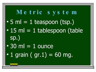 Metric system 5 ml = 1 teaspoon (tsp.) 15 ml = 1 tablespoon (table sp.) 30 ml = 1 ounce 1 grain ( gr.1) = 60 mg.  
