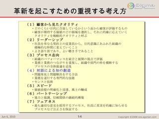 革新を起こすための重視する考え方 （１）顧客から見たクオリティ 　　・どのくらい目的に合致しているかという面から顧客が評価するもの 　　・顧客が期待する価値のどの領域を選択し、それに的確に応えていく 　　　クオリティを戦略的クオリティと呼ぶ （２）リーダーシップ 　　・社員を単なる契約上の従業員から、目的意識にあふれた組織の 　　　積極的な仲間に変えていくこと 　　・よき語り部であり、よい聴き手であること （３）プロセス志向 　　・組織のパフォーマンスを統合と展開の視点で評価 　　・業務と業務のつながりを重視し、組織や部門の枠を横断する 　　　プロセスの全体最適を追及 （４）対話による知の創造 　　・問題発見と問題解決をする方法 　　・業務を遂行する専門的な技能 　　・センスと技術 （５）スピード 　　・価値前提の明確化と浸透、風土の醸成 （６）パートナーシップ 　　・協力と協調、信頼関係の継続的構築 （７）フェアネス 　　・最も適切な意見を採用するプロセス、社員に真実を的確に知らせる 　　　プロセスなど公正さを保証する 