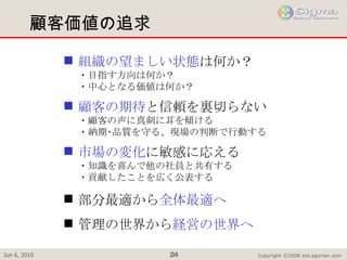 顧客価値の追求 組織の望ましい状態 は何か？ ・目指す方向は何か？ ・中心となる価値は何か？ 顧客の期待 と信頼を裏切らない ・顧客の声に真剣に耳を傾ける ・納期･品質を守る、現場の判断で行動する 市場の変化 に敏感に応える ・知識を喜んで他の社員と共有する ・貢献したことを広く公表する 部分最適から 全体最適へ 管理の世界から 経営の世界へ 