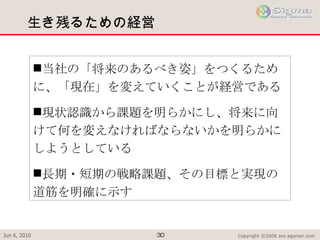 生き残るための経営 当社の「将来のあるべき姿」をつくるために、「現在」を変えていくことが経営である 現状認識から課題を明らかにし、将来に向けて何を変えなければならないかを明らかにしようとしている  長期・短期の戦略課題、その目標と実現の道筋を明確に示す  