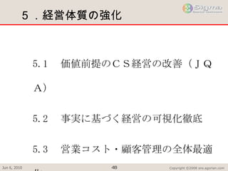５．経営体質の強化 5.1 　価値前提のＣＳ経営の改善（ＪＱＡ） 5.2 　事実に基づく経営の可視化徹底 5.3 　営業コスト・顧客管理の全体最適化 