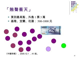 「賄聲衝天」 買到最高點，外島 1 票 3 萬 基隆、宜蘭、花蓮： 500-1000 元 《中國時報》， 2009.12.1 ， A1 版。 