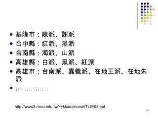 基隆市：陳派、謝派 台中縣：紅派、黑派 台南縣：海派、山派 高雄縣：白派、黑派、紅派 高雄市：台南派、嘉義派、在地王派、在地朱派 …………… http://www3.nccu.edu.tw/~ykkao/course/TLG/03.ppt 