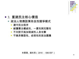 3.  重建民主核心價值 政治人物應該秉持良性競爭模式 遵守民主程序 維護憲法權威性、一貫性與完整性 不向對手施加毀滅性人身攻擊 不操弄撕裂性、歧視性的政治圖騰 朱雲漢、趙永茂（ 2010 ： 596-597 ） 