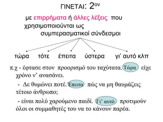 ΓΙΝΕΤΑΙ : 2 ον     με  επιρρήματα  ή  άλλες λέξεις   που  χρησιμοποιούνται ως  συμπερασματικοί σύνδεσμοι   τώρα  τότε  έπειτα  ύστερα  γι’ αυτό κλπ  π.χ - έφτασε στον  προορισμό του ταχύτατα.  είχε χρόνο ν’ ανασάνει.  -  Δε θυμώνει ποτέ.  πώς να μη θαυμάζεις τέτοιο άνθρωπο; - είναι πολύ χαρούμενο παιδί.  προτιμούν όλοι οι συμμαθητές του να το κάνουν παρέα.  Τώρα  Έπειτα   Γι’ αυτό   