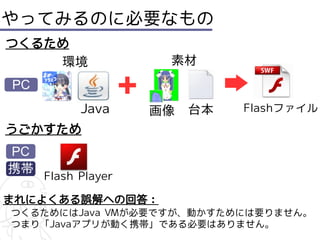 やってみるのに必要なもの
つくるため
    環境               素材
PC
           Java     画像   台本   Flashファイル
うごかすため
PC
携帯
     Flash Player

まれによ...