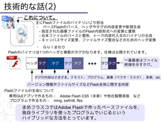 技術的な話(2)
      これについて。
          主にFlashファイルのバイナリいじり担当
          ・　ベースFlashのパース、ヘッダやタグの内容変更や新規生成
          　- 指定された画像ファイルのFlash内部形式への変換と置換
          　- 台本ファイルのパースと整形、トーク内容代入文のバイナリの生成
          　- キャンバスサイズ変更、ファイルサイズ整合などのためのヘッダ変換
          　
           ・　ＧＵＩまわり
 Flashのバイナリは1つのヘッダと複数のタグがなります。仕様は公開されています。

                                         一番最後はファイル
       ヘッダ タグ   タグ   タグ タグ       タグタグ    終端を示すタグ。


          タグの内容はさまざま。テキスト、プログラム、画像（ベクタ・ラスタ）、音楽、etc.

       バージョン情報やファイルサイズなどFlash全体に関する内容
Flashファイルの生成について
   専用GUIアプリで作るもの：　Adobe Flash CS5（本家）や他社製簡易版　など
   プログラムで作るもの：　ming, swfmill, flex
      まめフラスコではAdobe Flashで作ったベースファイルを、
      独自ライブラリを使ったプログラムでいじるという
      ハイブリッドな方法をとっています。
 