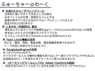 ふゅ～ちゃ～☆わ～く
 ■ 生成UIとかユーザフレンドリーに
 　全体的に使いやすくできるところの修正
 　台本ファイルの仕様・説明をちゃんとする
 　座標を数字で入力させるだけでなくプレビューつけるとか
 　設定SAVE/LOADまわり
 ■ こまかな（内部的な）修正
 　埋め込んでいるキャラクタ画像をjpgベースからLosslessBitmapへの変更
 　吹き出しのとんがり位置のカスタマイズとか
 　もうちょっとだけまともなSakuraScript対応(waitとか）
 ■ Flash Liteの機能の活用
　日にち、曜日、時刻、電波状態、電池残量等取得できるので
　トーク内容に反映させられるように
 ■ GoogleAppEngineの活用
　せっかくPythonなので。
　キャラクターなんとか機的な機能も取り込んで一通りブラウザ上でやれるよに
　生成物はQRコードを表示させてケータイに取り込ませるとか
 ■ （オーサリングツールとしての）Adobe Flashからの脱却
 　内包するFlashファイルをつくるのを全部プログラミングでやりたい
 　
 