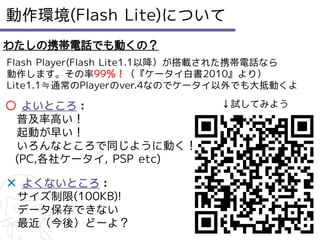 動作環境(Flash Lite)について
わたしの携帯電話でも動くの？
Flash Player(Flash Lite1.1以降）が搭載された携帯電話なら
動作します。その率99％！（『ケータイ白書2010』より）
Lite1.1≒通常のPlayerのver.4なのでケータイ以外でも大抵動くよ

○ よいところ：                      ↓試してみよう
　普及率高い！
　起動が早い！
　いろんなところで同じように動く！
 (PC,各社ケータイ, PSP etc)

× よくないところ：
　サイズ制限(100KB)!
　データ保存できない
　最近（今後）どーよ？
 