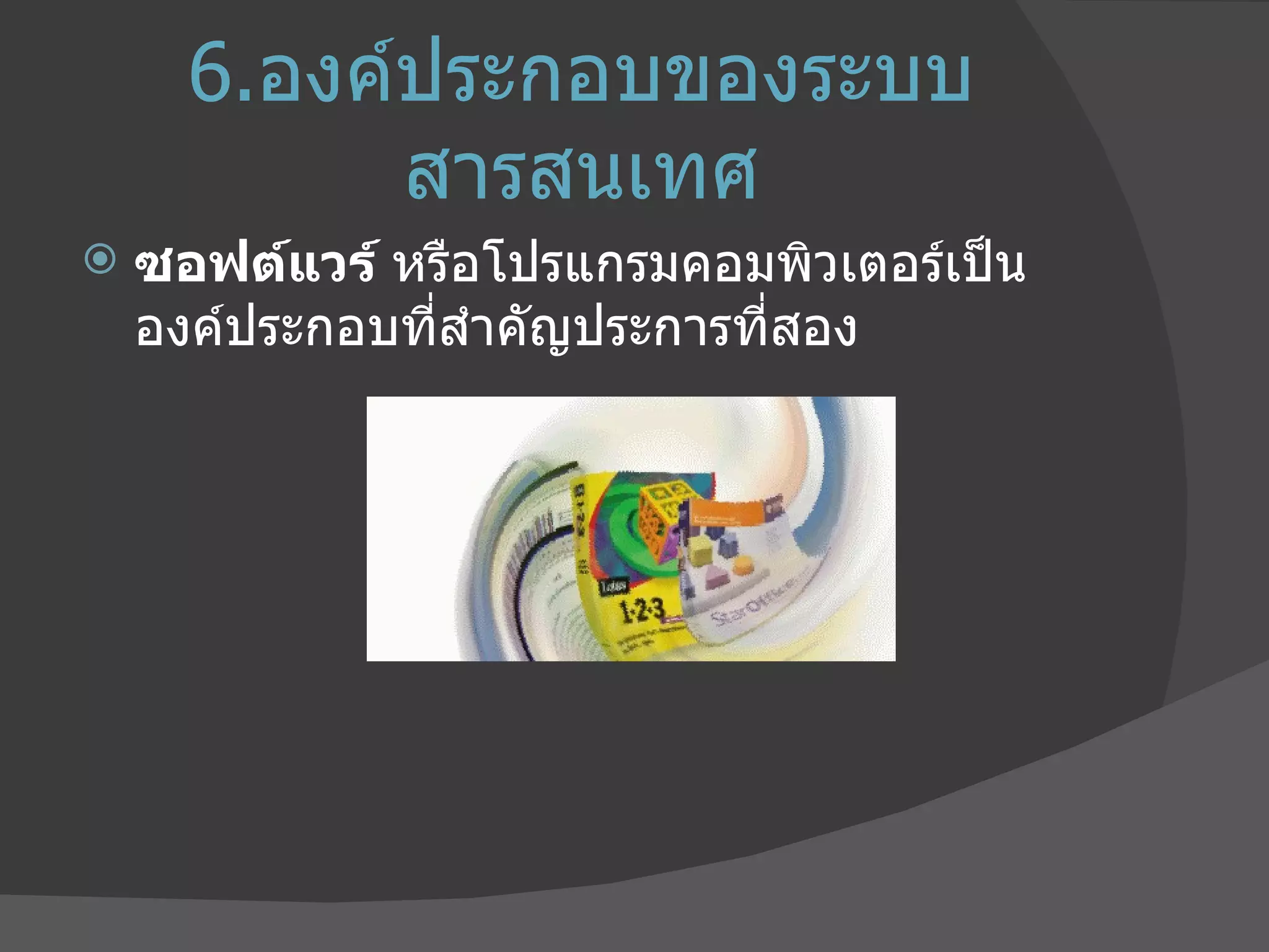 6. องค์ประกอบของระบบสารสนเทศ ซอฟต์แวร์  หรือโปรแกรมคอมพิวเตอร์เป็นองค์ประกอบที่สำคัญประการที่สอง  