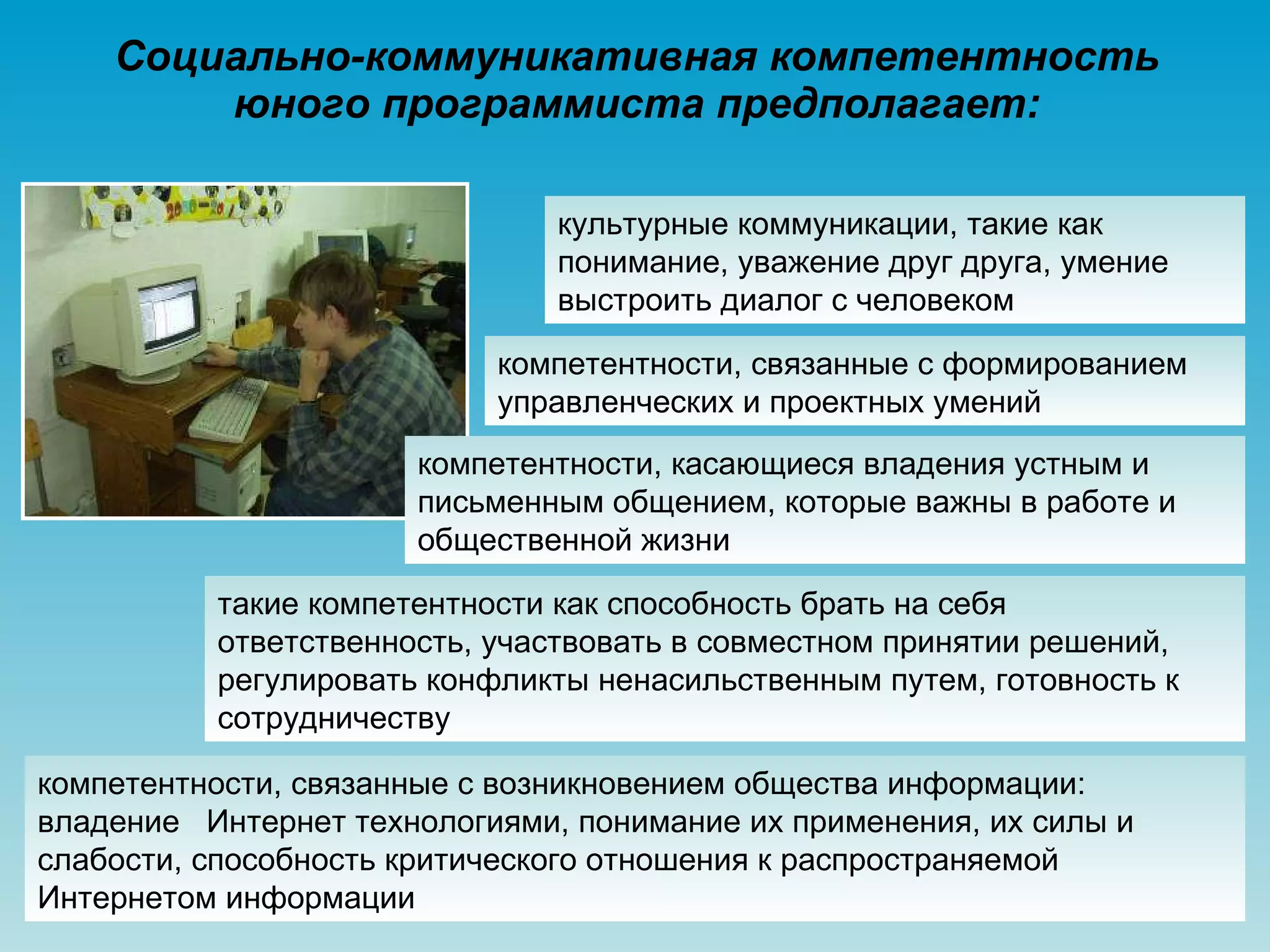Социально-коммуникативная компетентность юного программиста предполагает: компетентности, связанные с формированием управленческих и проектных умений культурные коммуникации, такие как понимание, уважение друг друга, умение выстроить диалог с человеком компетентности, связанные с возникновением общества информации: владение  Интернет технологиями, понимание их применения, их силы и слабости, способность критического отношения к распространяемой Интернетом информации такие компетентности как способность брать на себя ответственность, участвовать в совместном принятии решений, регулировать конфликты ненасильственным путем, готовность к сотрудничеству компетентности, касающиеся владения устным и письменным общением, которые важны в работе и общественной жизни 